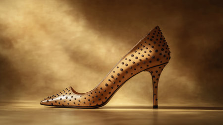 Stunning high heel shoe featuring a polka dot design, beautifully showcased against a soft golden background, ideal for fashion and footwear photography purposes.の素材