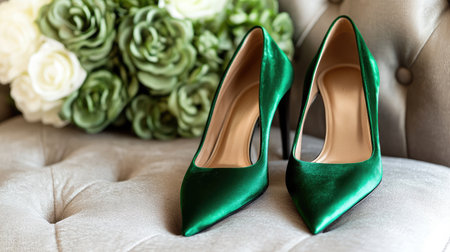 Stunning green high heels on a plush sofa create an atmosphere of luxury and style. Perfect for showcasing fashion accessories in modern interiors.の素材