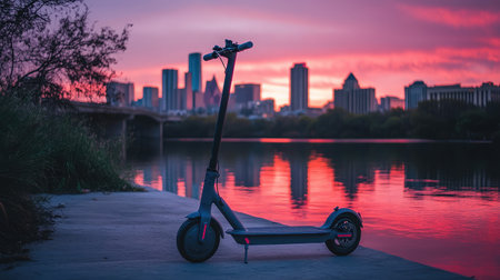An electric scooter positioned by a tranquil waterway at sunset, with a vibrant city skyline in the background, embodying a perfect blend of urban adventure and modern lifestyle.の素材