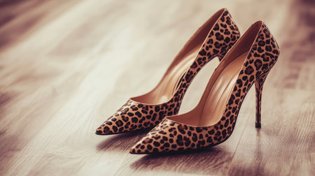 Stylish leopard print high heels beautifully displayed on a wooden floor. Ideal for fashion-related projects, showcasing elegance and modern trends in women's footwear.の素材