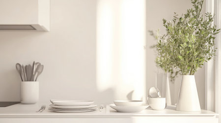 A bright and serene kitchen scene featuring white dishware and lush greenery, capturing the essence of minimalistic design illuminated by natural light.の素材