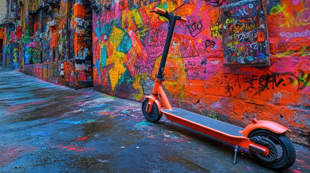 An eye-catching orange electric scooter stands in a lively urban alley filled with colorful graffiti, highlighting modern transportation against a backdrop of artistic expression.の素材