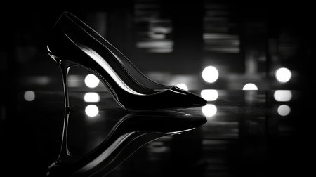 A stunning black high heel shoe creates a striking silhouette against a dreamy bokeh background, perfect for highlighting fashion, elegance, and modern style in any project.の素材