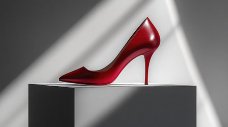 A stunning red high heel shoe stands elegantly on a minimalist pedestal, illuminated by soft light, emphasizing its stylish features and luxurious design, perfect for fashion enthusiasts.の素材