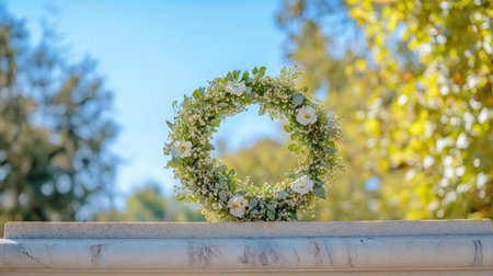 A stunning floral wreath featuring white flowers and lush greenery rests on a stone ledge, beautifully showcasing nature's elegance in a serene outdoor setting with a clear sky.の素材