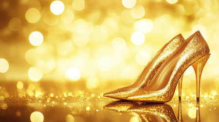 Stunning golden high heels with a sparkling finish set against a shimmering bokeh background, perfect for themes of luxury and elegance in fashion photography.の素材