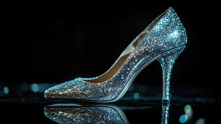 Stunning high heel shoe adorned with sparkling glitter, showcasing elegance and style. Ideal for fashion, beauty, and glamour-related visuals, perfect for promotional use.の素材