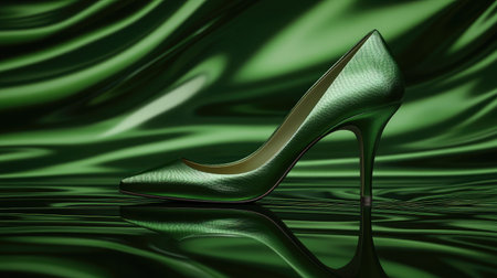 A stunning green high heel shoe elegantly positioned against a vibrant, reflective backdrop, showcasing modern design and style for fashion lovers and enthusiasts.の素材