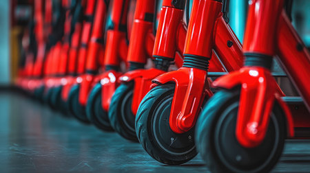 This image captures an array of red kick scooters arranged in a line, emphasizing their vibrant color and sleek design, perfect for urban commuting or recreational use.の素材
