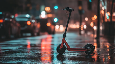 A striking urban scene featuring a red electric scooter standing alone on a rainy street, illuminated by colorful city lights and offering a glimpse into modern transportation aesthetics.の素材