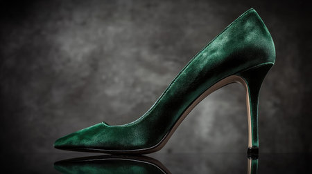 This stunning green velvet stiletto heel shoe exemplifies elegance and fashion, perfect for showcasing luxury and style in promotional material or editorial photography.の素材