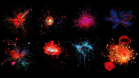 Vibrant abstract backgrounds featuring colorful explosions of light in various shades of red, blue, and purple, perfect for energetic and eye-catching designs.の素材