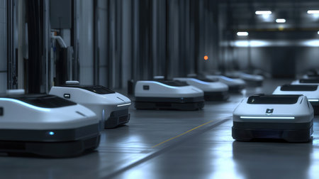 Explore a futuristic warehouse scene featuring autonomous robots designed for efficient handling of logistics and supply tasks, emphasizing advanced technology and innovative solutions in automation.の素材