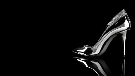 A stunning high heel shoe with a sleek metallic finish and captivating sparkle detail, set against a deep black background, ideal for fashion and style visuals.の素材