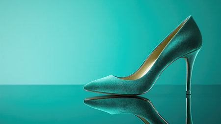 Stunning turquoise high heel shoe elegantly positioned on a reflective surface, showcasing its sophisticated design against a soft aqua background, ideal for fashion visuals.の素材