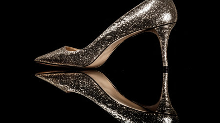 A stunning silver glitter high heel shoe is elegantly displayed with a reflective surface, capturing the essence of fashion and glamour against a dark backdrop. Perfect for promotional use.の素材