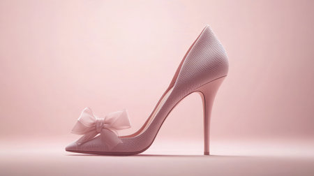 Discover an elegant pink high heel shoe adorned with a delicate bow, set against a soft backdrop, perfect for fashion and wedding themes, showcasing luxury and style.の素材