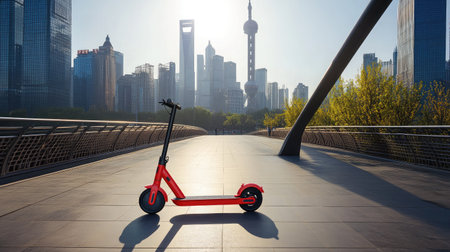 A striking electric scooter stands alone in a modern urban environment at sunrise, highlighting the blend of technology and city life against a stunning skyline.の素材