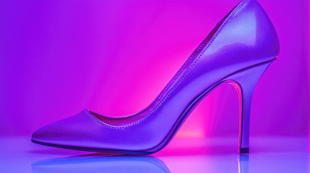 A stunning high heel shoe in vibrant purple, set against a softly lit background featuring gradients of pink and purple, perfect for capturing fashion elegance.の素材