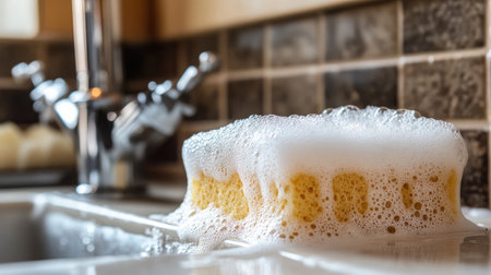 A vibrant close-up of a soapy yellow sponge on a kitchen sink, surrounded by bubbles, highlighting the essence of cleanliness and a sparkling home environment.の素材