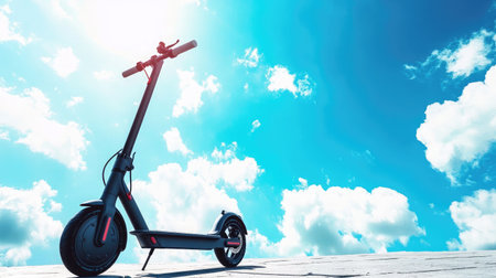 A sleek electric scooter is positioned against a bright blue sky filled with fluffy clouds, representing modern urban mobility and eco-friendly transportation solutions for the future.の素材