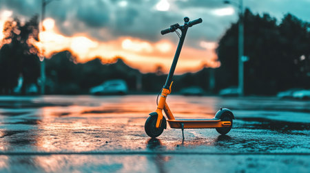 A striking electric scooter stands alone on a wet urban street during sunset, showcasing vibrant colors and reflections on the pavement, evoking a sense of adventure and modern lifestyle.の素材
