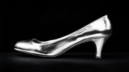 This image features a striking silver high heel shoe, showcasing its sleek design and reflections against a dark background, perfect for fashion and elegance themes.の素材