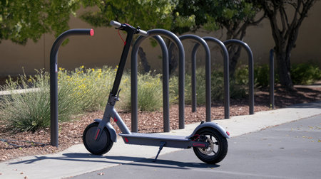 A sleek electric scooter is parked beside bike racks in an urban environment, highlighting a modern approach to sustainable transportation amidst lush greenery.の素材