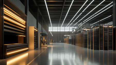 A sleek and modern warehouse interior featuring bright lighting and organized shelving, designed for optimal efficiency and a contemporary industrial aesthetic.の素材