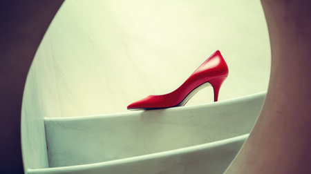 A striking red high heel shoe rests elegantly on a modern staircase, embodying sophistication and fashion. Ideal for lifestyle and design projects, this image captures beauty and style.の素材