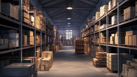 A well-organized warehouse interior featuring ample shelves filled with cardboard boxes and wooden pallets, illuminated by soft overhead lighting, ideal for logistics visuals.の素材