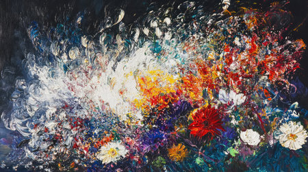 This vibrant abstract painting features a stunning explosion of colorful flowers and dynamic swirls, showcasing creativity and an energetic visual experience. Perfect for art lovers.の素材