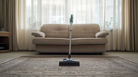 A modern vacuum cleaner stands prominently in a cozy living room, highlighting a clean space with a plush sofa and natural light filtering through sheer curtains.の素材