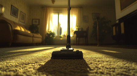A warm and inviting living room scene featuring a vacuum cleaner on a plush carpet, highlighted by soft sunlight streaming in through the window for a cozy cleaning atmosphere.の素材