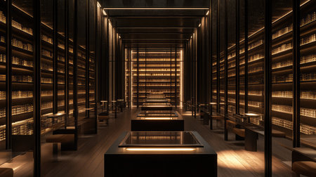 Experience the allure of a modern library filled with stylish shelves, warm lighting, and inviting reading spaces, creating an atmosphere of elegance and tranquility for book lovers.の素材