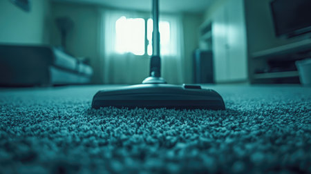 A close-up shot of a vacuum cleaner head engaged with a plush carpet, highlighting a serene living space illuminated by natural light. Ideal for home care themes.の素材