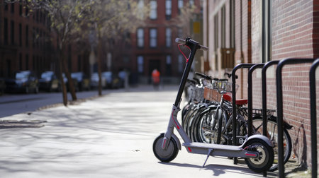 A modern electric scooter stands alone on a sidewalk next to a bicycle rack, highlighting sustainable transportation options in a vibrant urban setting filled with life.の素材