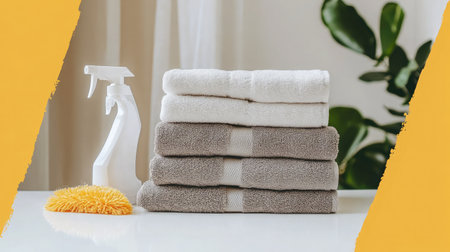 A stylish arrangement of neatly stacked towels with a cleaning spray and a soft sponge in a bright bathroom setting, creating a serene and organized atmosphere for home care.の素材