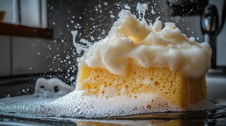 A dynamic image showcasing a sponge drenched in rich foam, capturing the essence of cleaning in a kitchen setting. Ideal for promoting hygiene and cleaning products.の素材