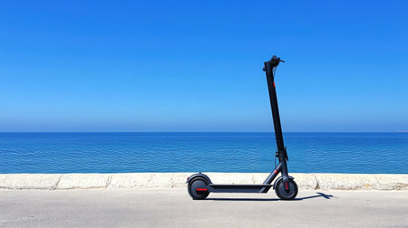 A modern electric scooter rests by the ocean shore, contrasting with the clear blue sky, highlighting a perfect mix of urban transport and leisure in a coastal setting.の素材