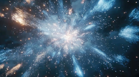 Embrace the beauty of a stunning cosmic explosion illuminated by bright stars and radiant particles, capturing the essence of the cosmos in a mesmerizing night sky.の素材