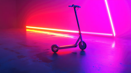 A sleek electric scooter is illuminated by vibrant neon lights, showcasing modern urban lifestyle and innovative transportation in a visually striking environment.の素材