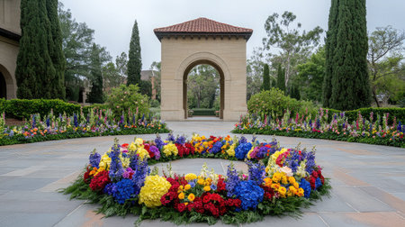 A stunning circular floral arrangement fills the space with vibrant colors, framed by lush greenery and an elegant archway, creating a serene outdoor experience for visitors.の素材