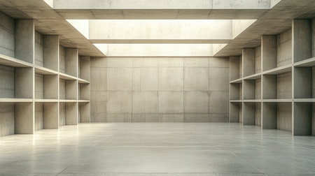 A spacious minimalist interior featuring concrete walls and shelves, illuminated by natural light. An ideal backdrop for architectural displays or art exhibitions.の素材
