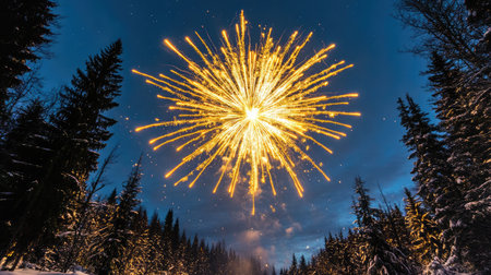 A breathtaking view of golden fireworks bursting in the night sky above a serene snowy forest, creating a magical winter atmosphere filled with celebration and joy.の素材