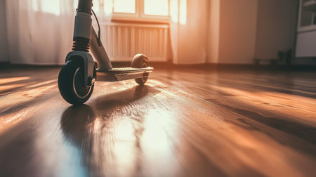 A sleek electric scooter positioned on a sun-drenched wooden floor, embodying modern design and urban mobility. Ideal for highlighting contemporary lifestyle and innovative transportation options.の素材