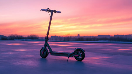 A sleek electric scooter stands alone on a smooth surface, basking in the warm colors of a stunning sunset, ideal for conveying a sense of modern mobility and urban adventure.の素材