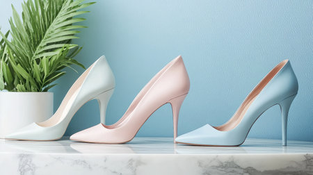 A stylish arrangement of pastel high heels on a marble surface with a soft blue backdrop and greenery, showcasing modern footwear design and elegance in fashion.の素材