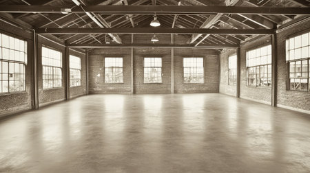 This spacious industrial loft features large windows that flood the area with natural light, creating a serene and versatile environment ideal for creative projects or events.の素材