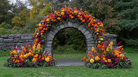 A stunning floral arch adorned with marigolds and dahlias creates a breathtaking entrance. Surrounding vibrant foliage enhances the beauty of this serene garden display.の素材